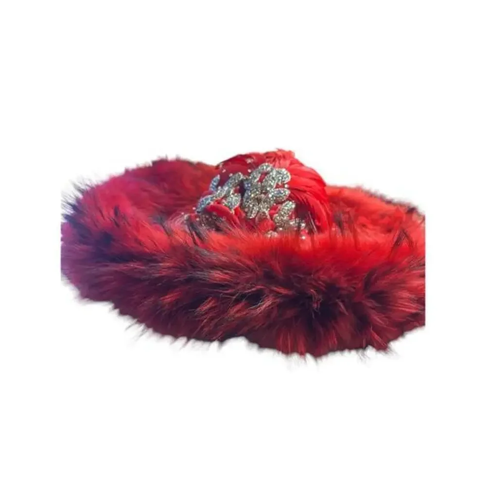 Fur with feathers women hat  with (2) cuff and a scarf red fury Hollywood hat